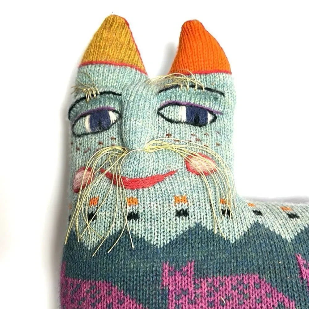 Pair Vintage 1986 Handloomed Wool Folk Art Cat Pillows Soft Sculptures Signed
